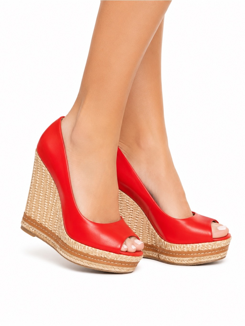 Saks Fifth Avenue Size 5.5 Women's Red Peep-Toe Wedge Espadrilles